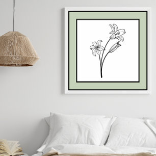 Minimal Flowers Black Line Art Pale Green Border Poster