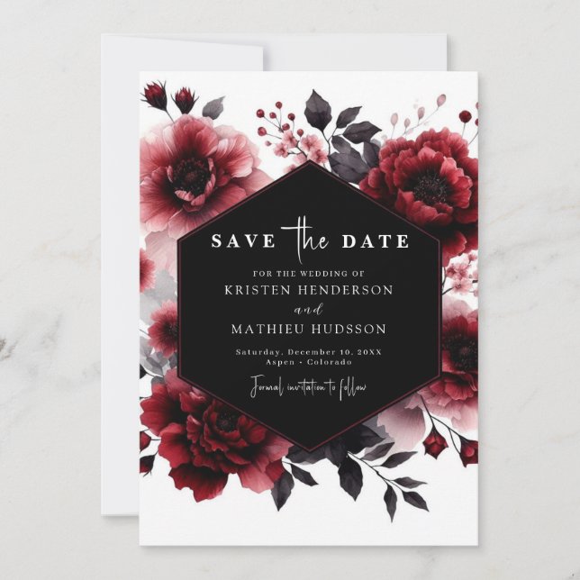Minimal Flowers Crimson Red Wedding Save The Date (Front)