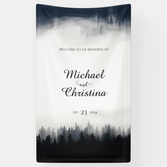 Minimal foggy spruce forest nature wedding banner (Vertical)