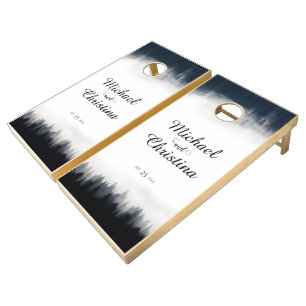Minimal foggy spruce forest nature wedding cornhole set