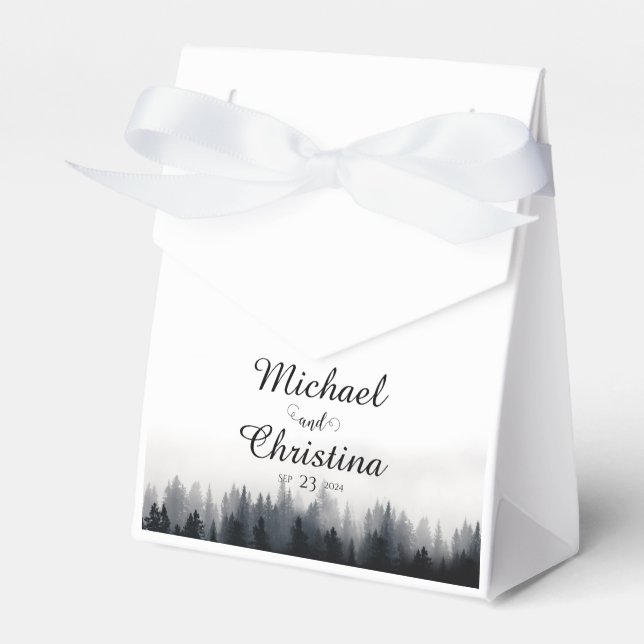 Minimal foggy spruce forest nature wedding favor boxes (Front Side)