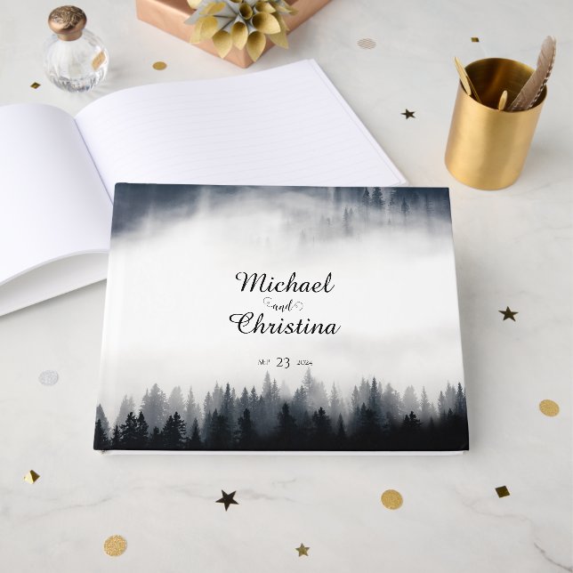 Minimal foggy spruce forest nature wedding guest book (Front Open)