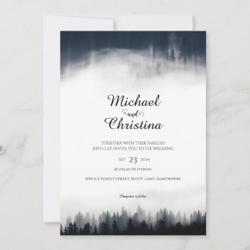 Minimal foggy spruce forest nature wedding invitation