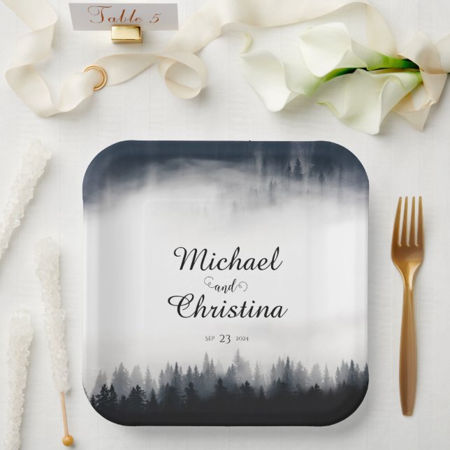 Minimal foggy spruce forest nature wedding paper plates (Wedding)