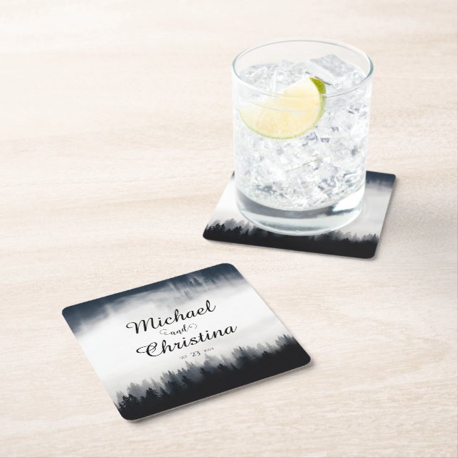 Minimal foggy spruce forest nature wedding square paper coaster (Insitu)