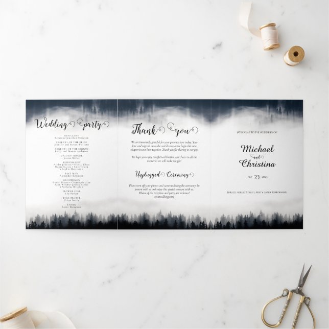Minimal foggy spruce forest nature wedding Tri-Fold program (Outside)