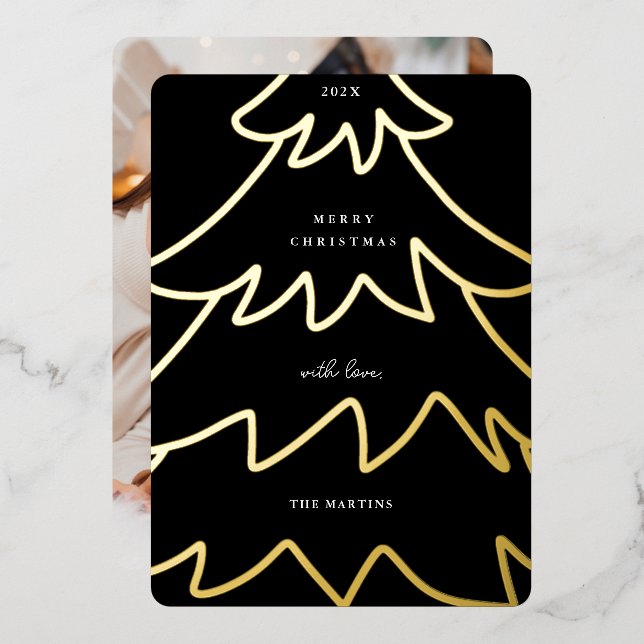 Minimal Foil Christmas Tree Photo Foil Holiday Card (Front/Back)