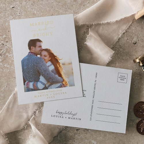 Minimal Foil Married and Bright Thank You Newlywed Foil Holiday Postcard