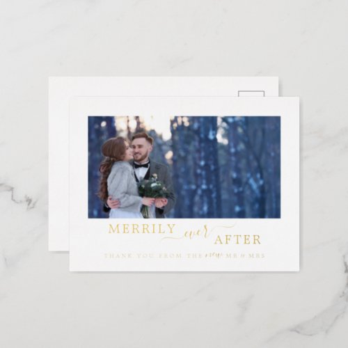 Minimal Foil Merrily Ever After Newlywed Thank You Foil Holiday Postcard