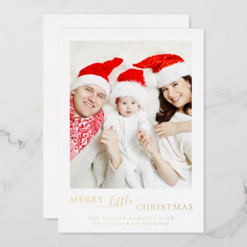 Minimal Foil Merry Little Christmas Portrait Birth Foil Holiday Card