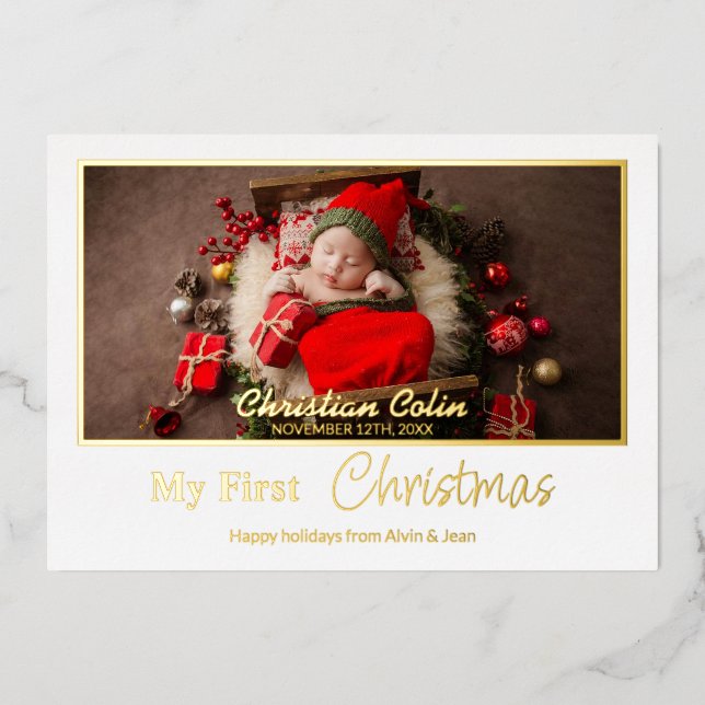Minimal Foil My First Christmas Baby Birth Photo F Foil Holiday Card (Front)