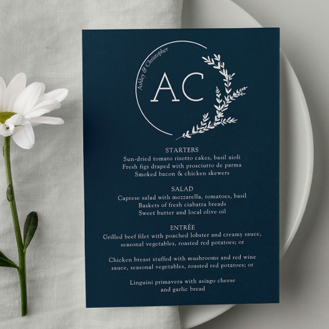Minimal Foliage Frame Navy Blue Wedding Reception Menu (Creator Uploaded)