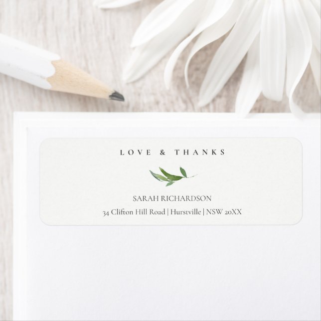 Minimal Foliage Greenery Address Love & Thanks Label (Insitu)