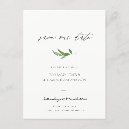 MINIMAL FOLIAGE GREENERY WATERCOLOR SAVE THE DATE ANNOUNCEMENT POSTCARD