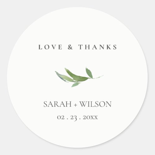 Minimal Foliage Greenery Wedding Love  Thanks Classic Round Sticker