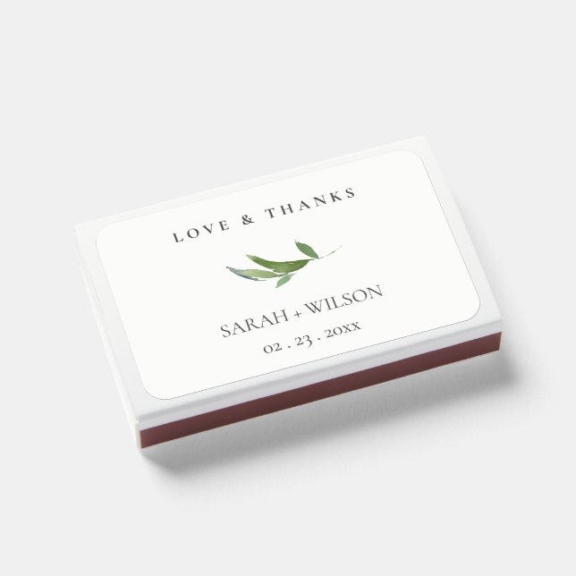 Minimal Foliage Greenery Wedding Love & Thanks Matchboxes (Front Closed)