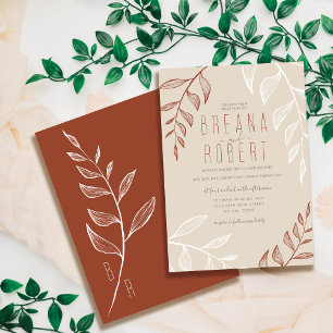 Minimal Foliage Rust Cream Leaves Wedding Invitation