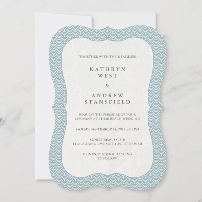 Minimal Formal Blue + White Wave Pattern Wedding Invitation (Front)