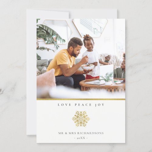 Minimal Formal Gold Snowflake Photo Love Joy Peace Holiday Card