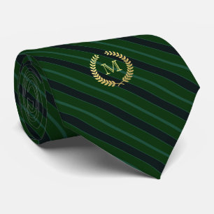 Minimal Framed Gold Monogram Green Navy Striped Neck Tie