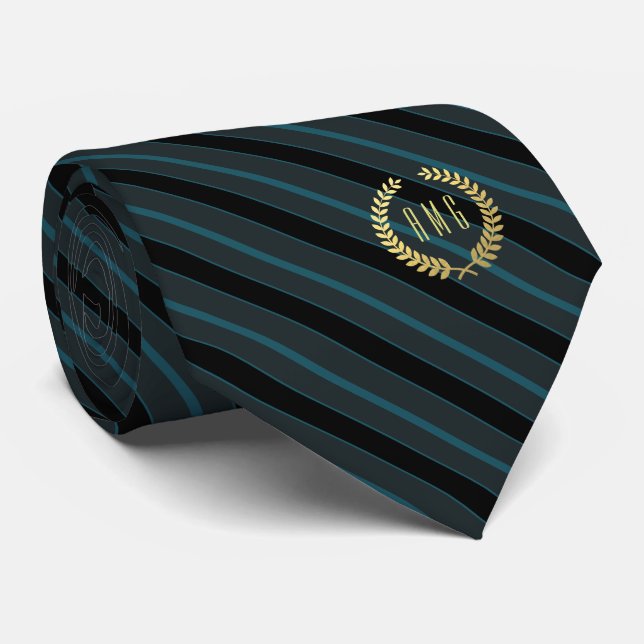 Minimal Framed Gold Monogram Teal | Black Stripe Neck Tie (Rolled)