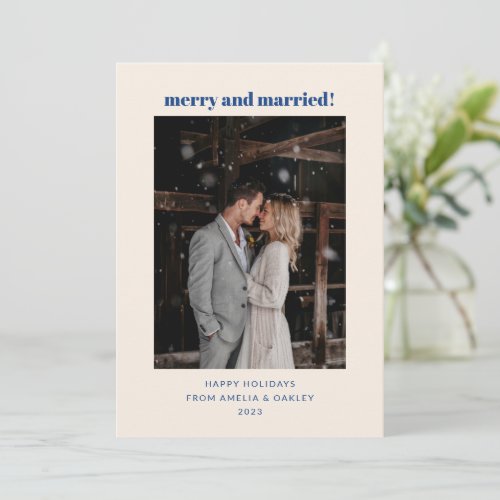Minimal French Blue Merry Married Christmas Photo Holiday Card