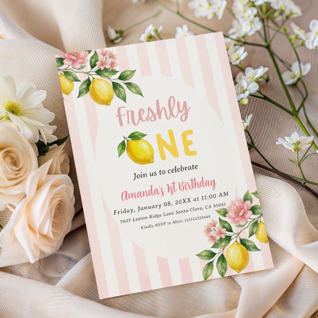 Minimal Freshly One Pink Lemon First Birthday Invitation (Creator Uploaded)
