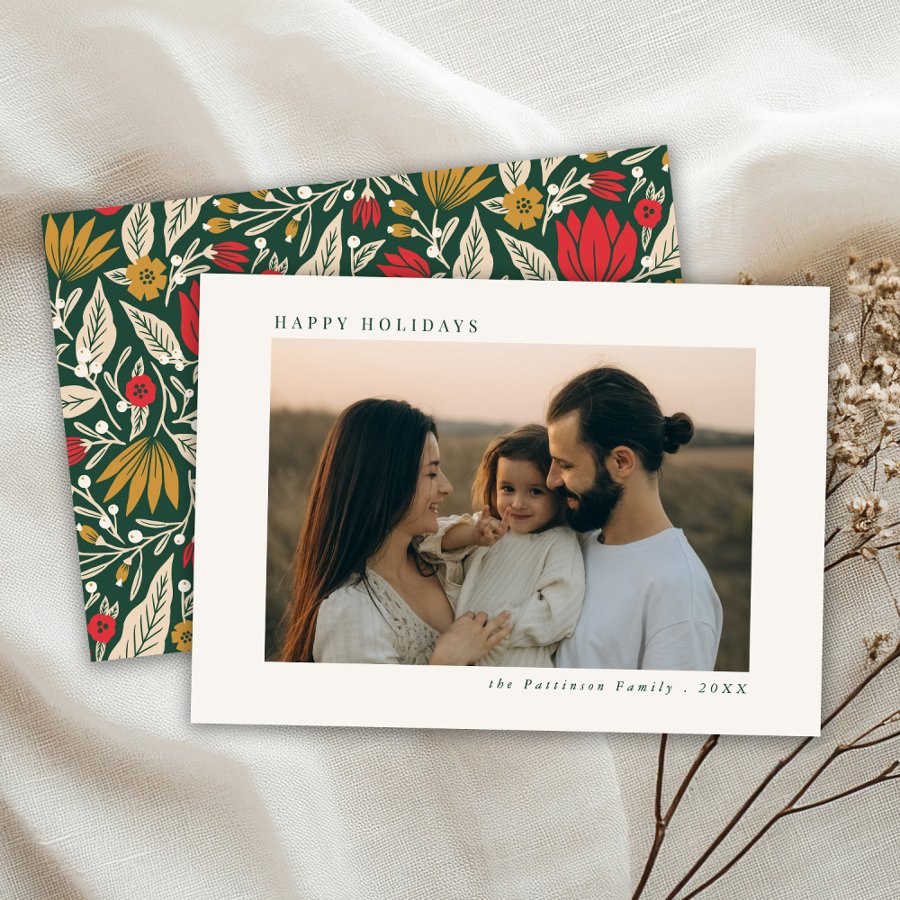 Minimal Front Colorful Folk Floral Christmas Photo Holiday Card
