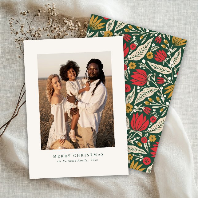 Minimal Front Modern Folk Floral Christmas Photo Holiday Card (Creator Uploaded)