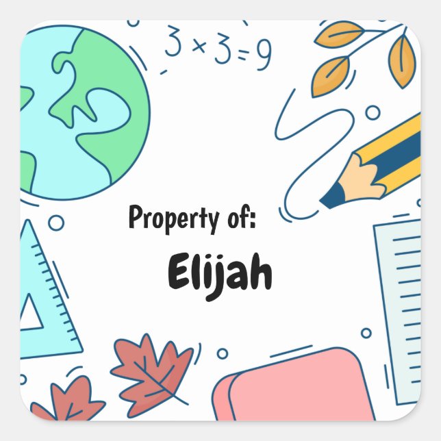 Minimal Fun School Supplies Pattern Personalized S Square Sticker (Front)