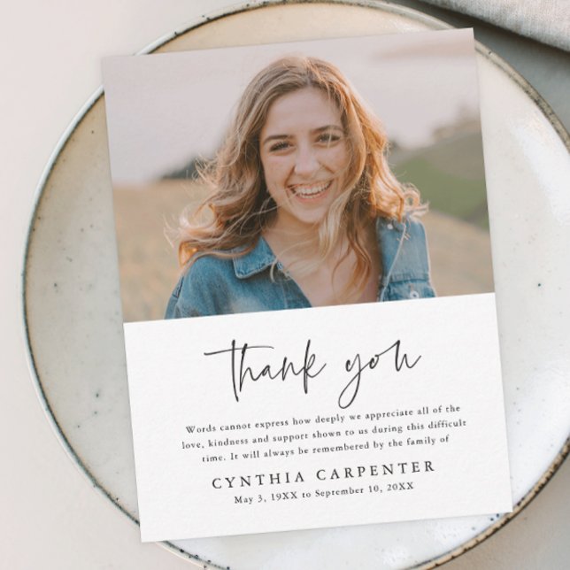 Minimal Funeral Memorial Photo Thank You Card (Simple typography black and white photo memorial thank you card.)