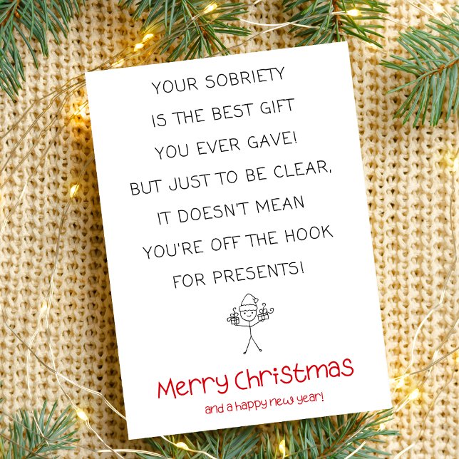 Minimal Funny Sobriety Christmas Card (humorous xmas card for addiction recovery, sober support, simple minimal black red)