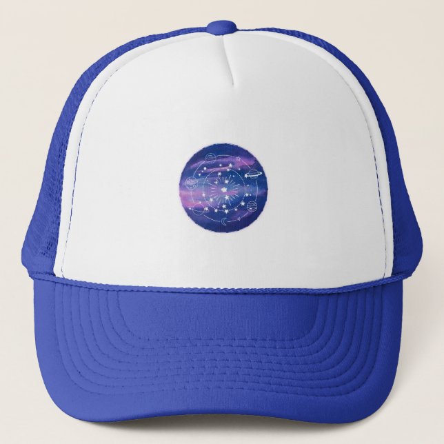 Minimal Galaxy Moon Design | Cosmic Aesthetic Art Trucker Hat (Front)