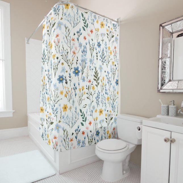 Minimal Gentle Colorful Garden Wildflowers Nursery Shower Curtain (In Situ)