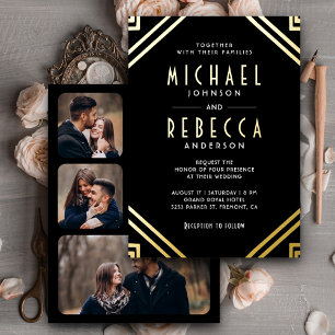 Minimal Geometric Art Deco Wedding Black Gold Foil Invitation