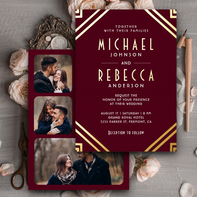 Minimal Geometric Art Deco Wedding Burgundy Gold Foil Invitation (Creator Uploaded)