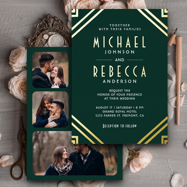 Minimal Geometric Art Deco Wedding Emerald Gold Foil Invitation (Creator Uploaded)