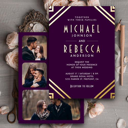 Minimal Geometric Art Deco Wedding Purple Gold Foil Invitation