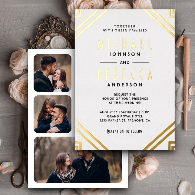 Minimal Geometric Art Deco Wedding White Gold Foil Invitation (Creator Uploaded)