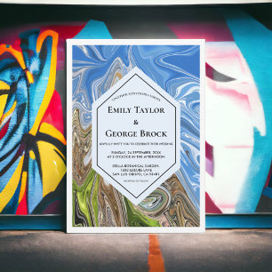 Minimal Geometric Blue Green Earth Tone Wedding Invitation