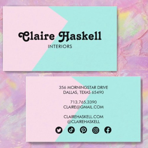 Minimal Geometric Social Media Icons Pink Aqua Business Card