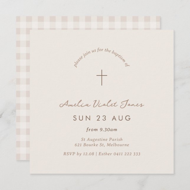 Minimal Gingham Baptism Christening Square Invite (Front/Back)