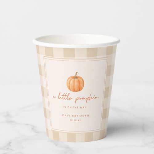 Minimal Gingham "Little Pumpkin" Fall Baby Shower Paper Cups
