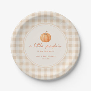 Minimal Gingham "Little Pumpkin" Fall Baby Shower Paper Plates