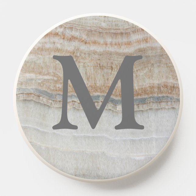 minimal girly beige tan white grey marble monogram PopSocket (Popsocket)
