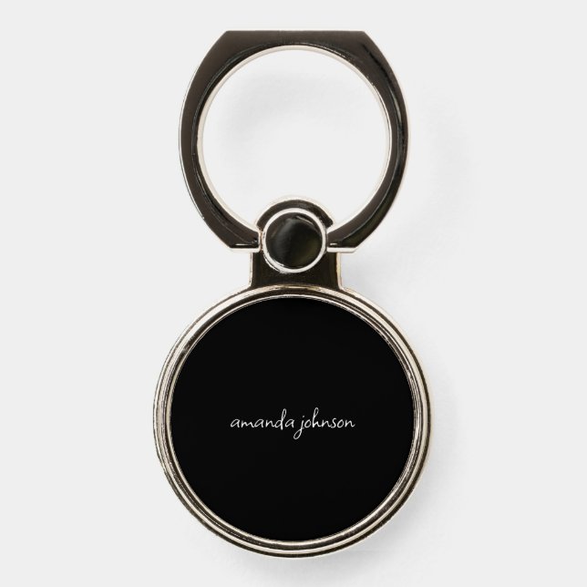 Minimal Girly Black & White Monogram Cursive Name Phone Ring Stand (Front)