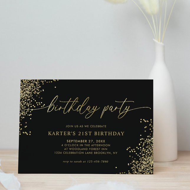 Minimal Glam Black Gold Confetti Adult Birthday  Invitation (Creator Uploaded)