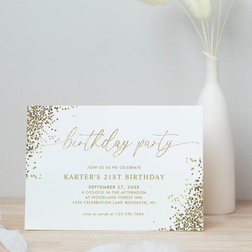 Minimal Glam White Gold Confetti Adult Birthday  Invitation