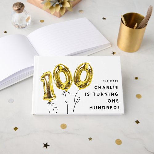 Minimal Gold 100 Balloon 100th Birthday Party Guest Book