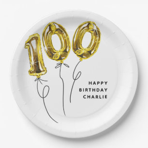 Minimal Gold 100 Balloon 100th Birthday Party Paper Plates